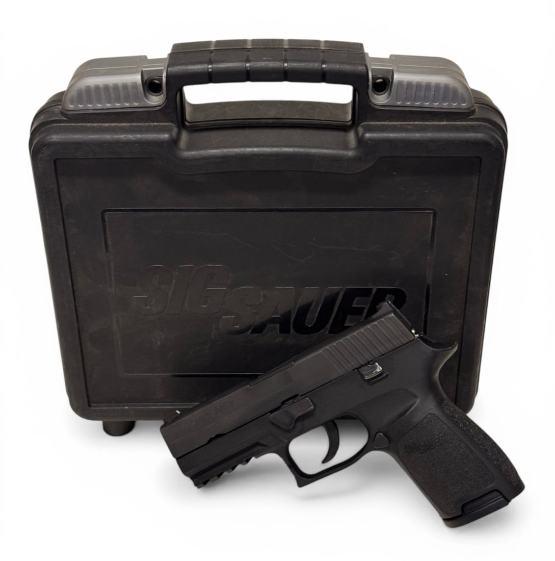 Excellent Sig Sauer P250 Comapct 9mm Semi-Automatic Pistol in Case: S#: EAK174832 | Model: 250C-9-B | Medium Grip | Comes in factory hard case with matching label and (1) 15rd. Magazine |||| CONDITION: Excellent. Mechanically functions. Bore is excellent 