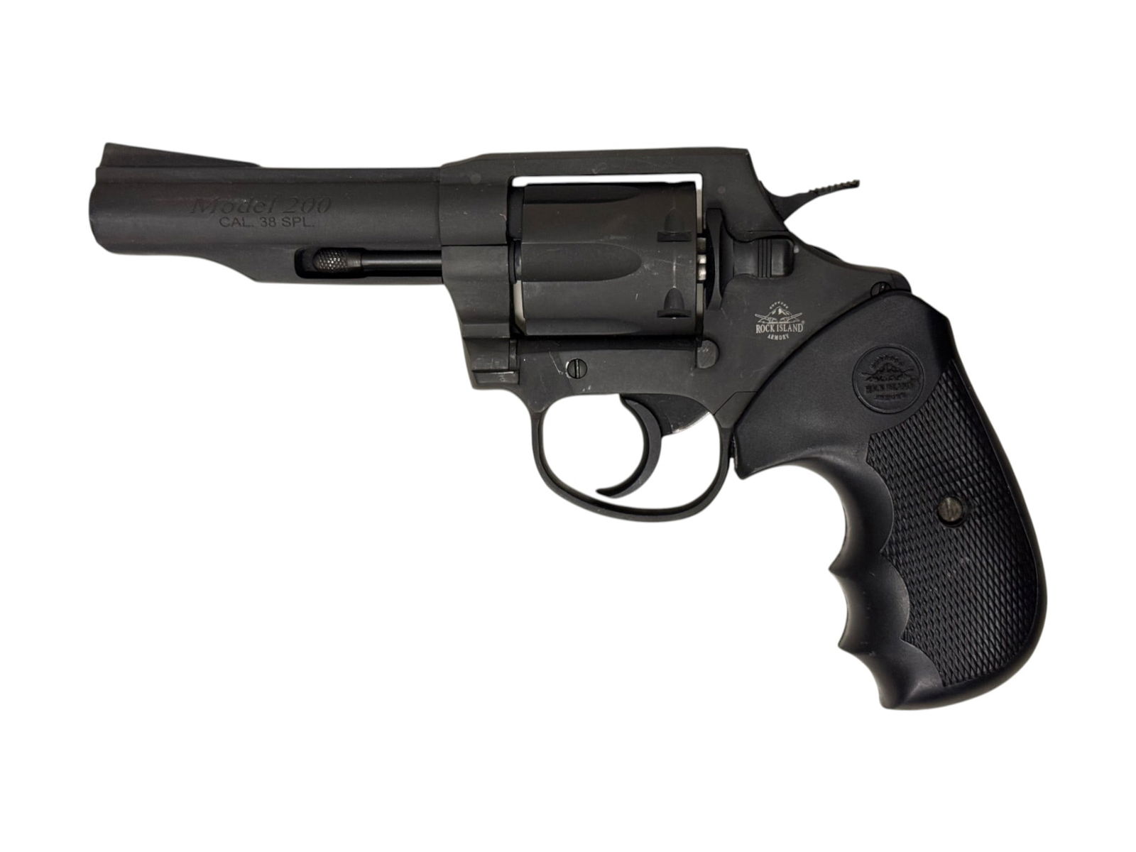 Rock Island Armory Model 200 .38 SPECIAL Double Action Revolver: S#: RIA2105700 | 4" Barrel | 6-Shot, SA/DA |||| CONDITION: Very good. 98% Original parkerized finish with some light scratches. There is a scuff on top of revolver near the rear sight. Mechanically