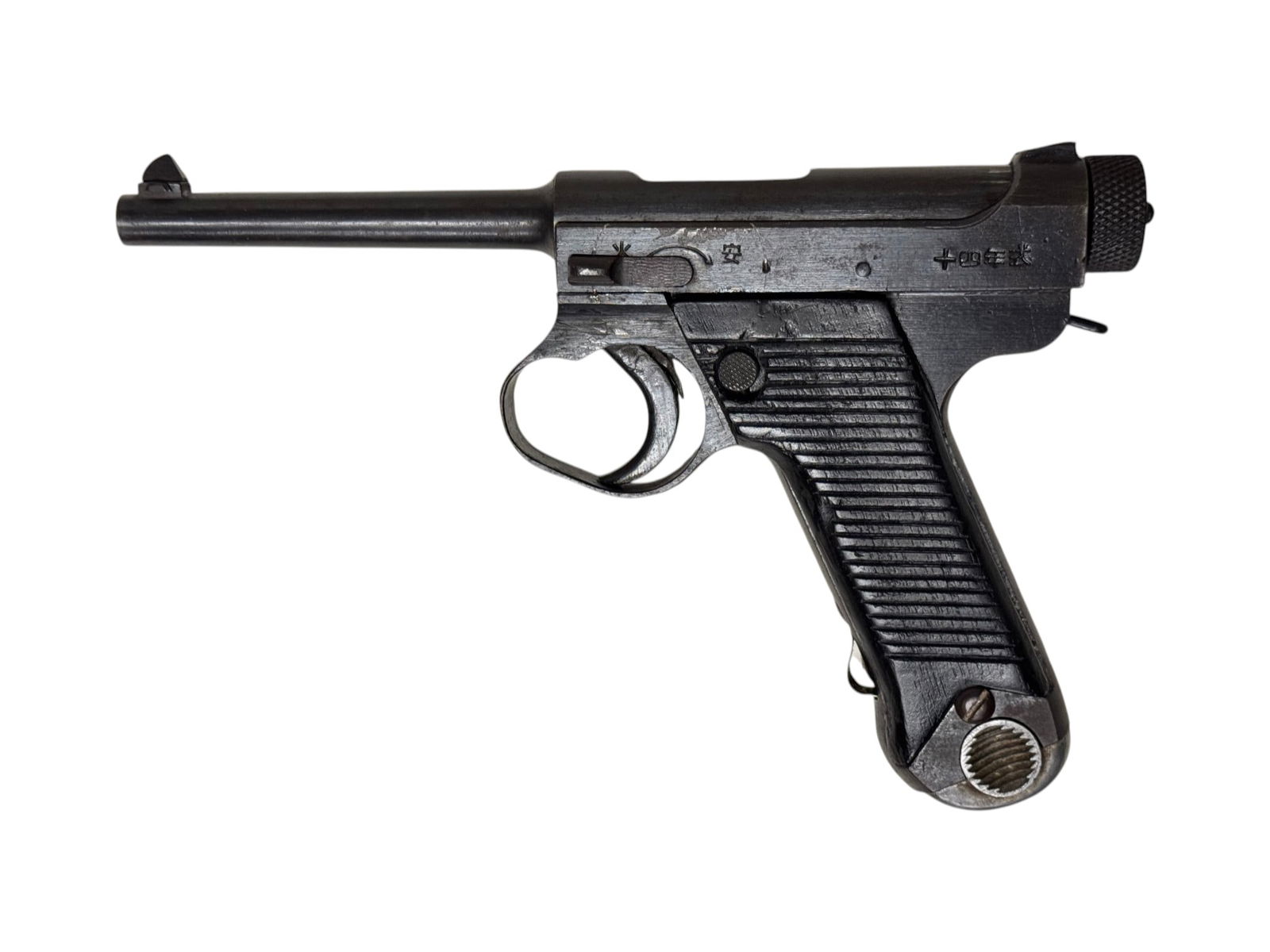 WWII 1944 Japanese Nagoya Nambu Type 14 Series B 8mm Semi-Automatic Pistol w/ Matching Mag: S#: 60627, matches on all visible parts including bolt, knob, trigger, AND Magazine | Comes with (1) matching original magazine | The Little Square in the series marker is the Japanese "Katakana" symb