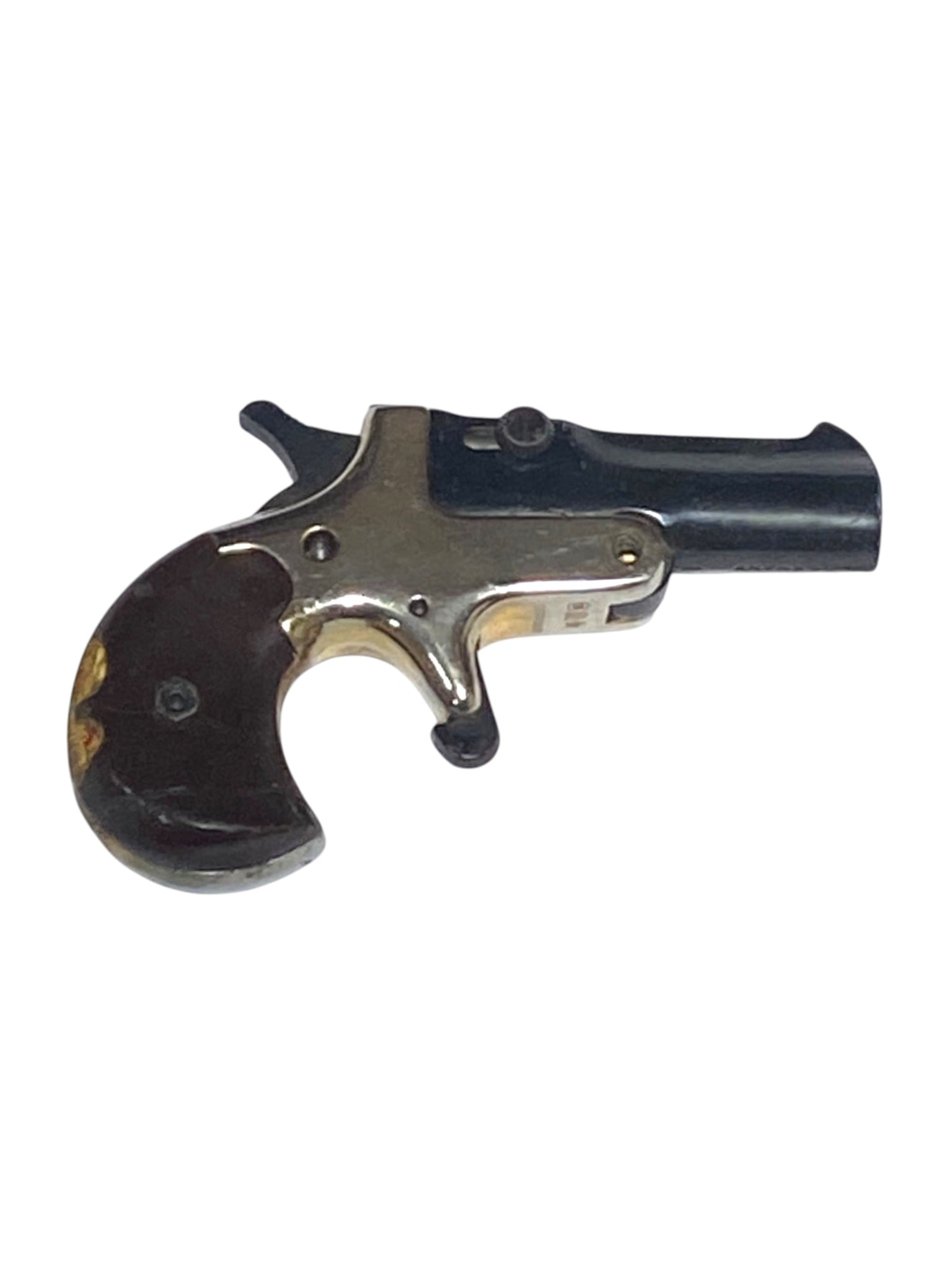 Deutsche Waffen Karl Arndt Reck Sportwaffenfabrik German .22 LR Derringer: S#: 58277 | 1-Shot | Single Action |||| CONDITION: Fair. Missing the barrel latch to pen the breech, however barrel can be opened with a pin. Grip is chipped. Seems to mechanically function. Bore look
