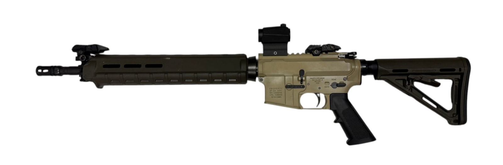 Excellent PSA Property of US Govt. M4 Carbine 5.56mm NATO Semi-Automatic Tan Rifle w/ Optic: S#: W1912985 | 16”, 1/7” Twist Barrel | Equipped with Red Dot Optic and MGPCQB Backup Flip-Up Front and Rear sights | Tan Cerakote finish with Green Magpul furniture |||| CONDITION: Excell