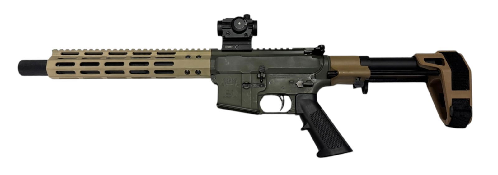 Excellent PSA PA-15 .300 BO Tan/OD Green 11.5” AR Pistol w/ Maxim Defense Brace: S#: SCB301327 | 11.5”, 1:8” Twist Barrel with Flash Hider | Feyachi Red Dot Optic | Tan & OD Cerakote Finish | Equipped with a Rare & Desirable Maxim Defense Telescoping Pistol Brace ||||