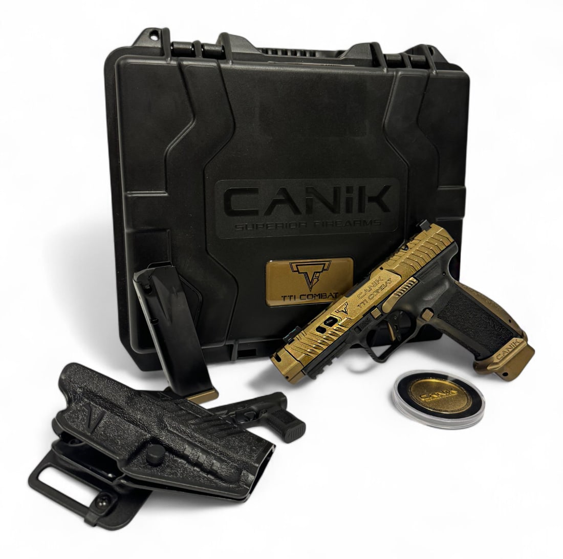 NIB Desirable CANIK TTI Combat Bronze 9MM Semi-Automatic Tactical Pistol Kit: S#: | Comes new in factory commemorative matching hard case with (1) 18rd., (1) 21rd. magazines & more | A collaboration between Taran Tactical Innovations and CANIK, built on a brand-new polymer fram