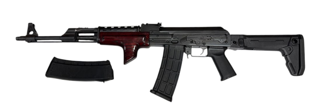 Excellent Zastava PAP M90-PS 5.56mm NATO Semi-Automatic AK Rifle w/ Red Wood & Folding Stock: S#: Z90-002390 | All matching | 18” Chrome Lined Barrel | The Zastava PAP M90 is a, Serbian-made, semi-automatic AK-pattern rifle chambered in 5.56x45mm NATO/.223 Rem | It is upgraded with a low