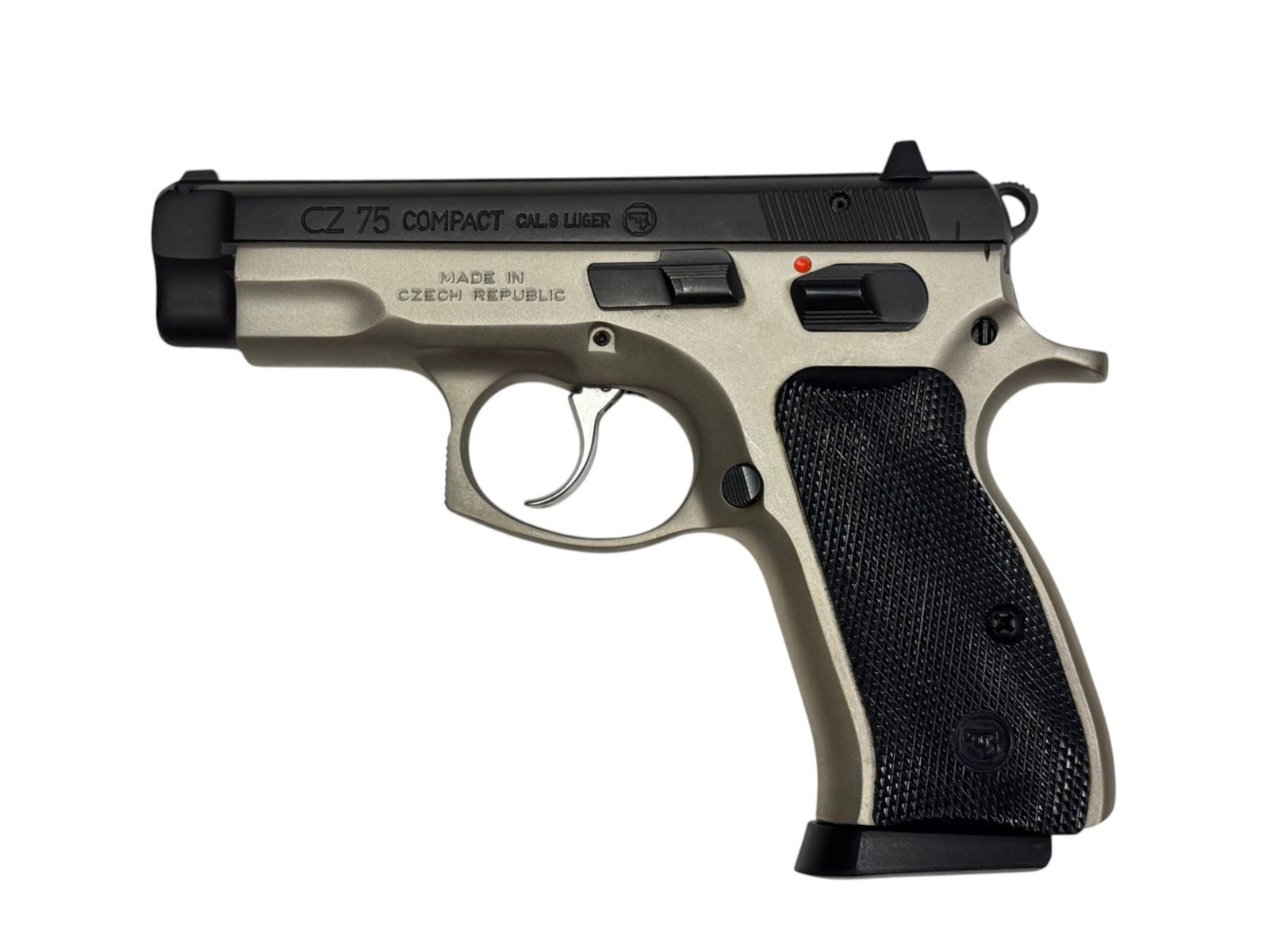 Excellent 2011 CZ 75 Compact Dual Tone 9mm Semi-Automatic Pistol: S#: A917658 | Mfg. 2011 | 3.5” Compact Barrel | Comes with (1) 14-Round Magazine | Nice & desirable steel frame dual tone silver & black finish |||| CONDITION: Excellent, like new with minor