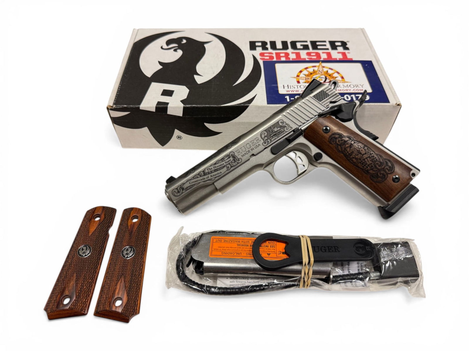 NIB Ruger SR1911 .45 AUTO Limited Edition Engraved “Indian State Pride” 24 of 100 Pistol: S#: 672-42131 | Model: 06700 | Limited Edition Indian State Pride Series 24 of 100 | Comes in the factory box with matching label, lock, tool, (2) Magazines and also Comes with the original wood check