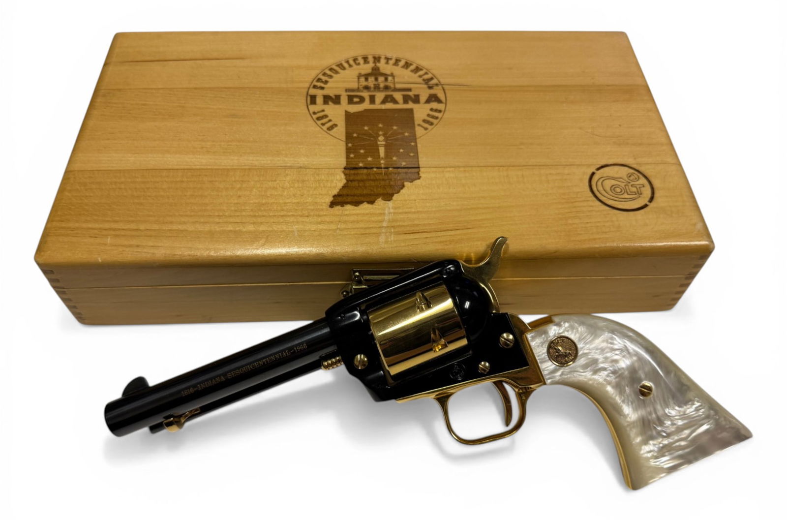 Stunning 1966 Cased Colt Frontier Scout .22 LR “Indiana Sesquicentennial” Commemorative : S#: 371is | 4-3/4” Barrel | Blued Barrel with Gold Cylinder, and gold plated Frame/Trigger/Hammer with Pearlite Grips all in a nice Colt presentation wood case |||| CONDITION: Excellent. This re