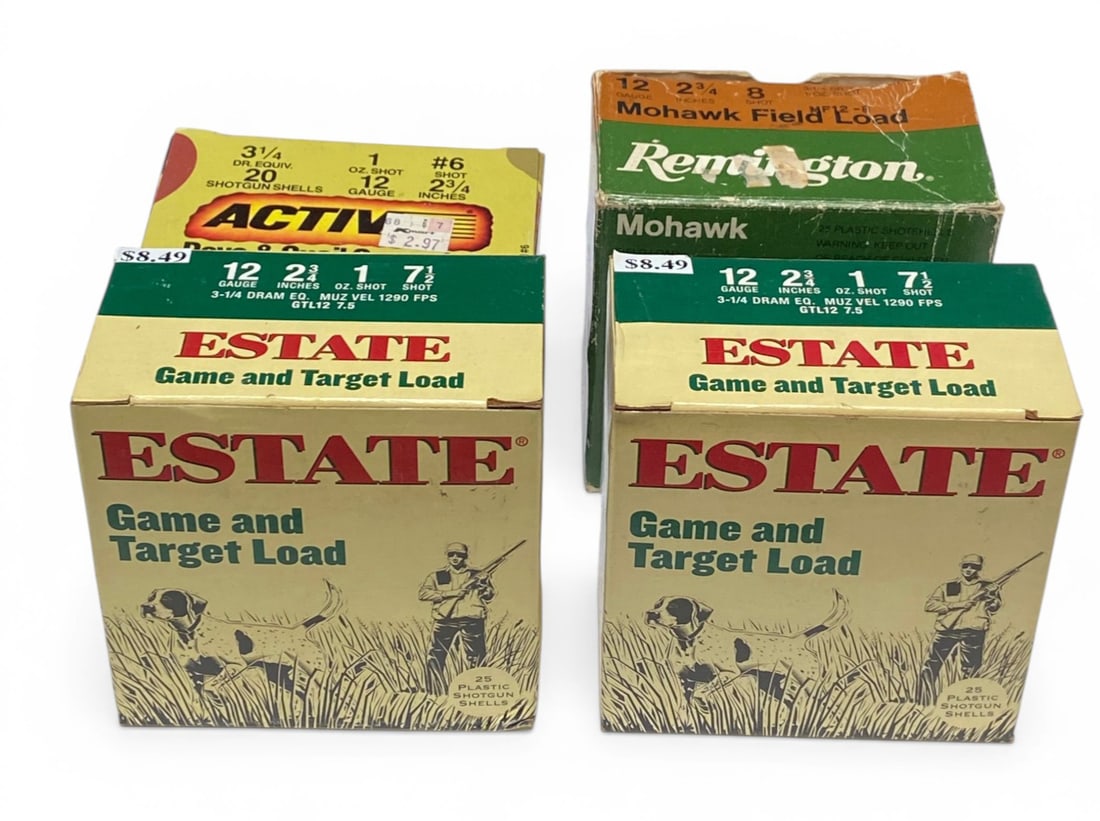 NIB 95rds. Of Various 12 GA. 2-3/4" Shotgun Ammunition: 50rds. Of 2-3/4" 7.5 shot Estate Game and Target Load, 25rds. Of 2-3/4" 8-shot Remington Mohawk Field Load, 20rds. Of 2-3/4" No. 6 shot Active Dove and Quail Game Shot