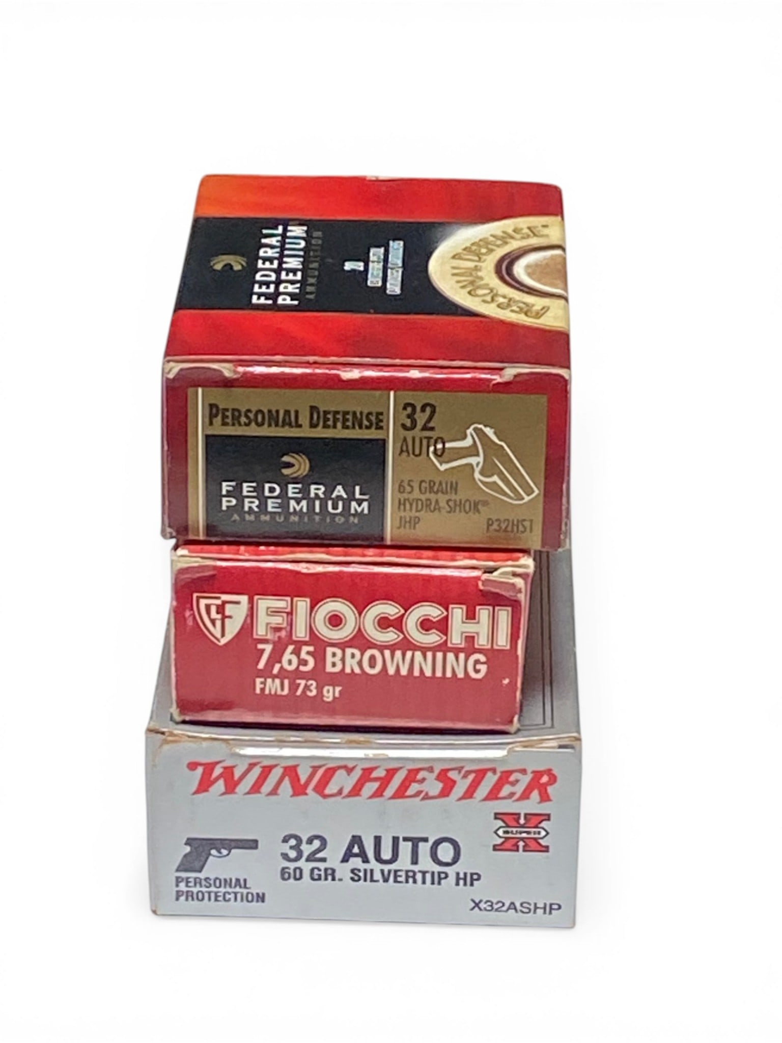 NIB 97rds. Of Various .32 AUTO Ammunition: 20rds. Of Federal Premium 65gr. Hyrda Shok JHP, 44rds. Of Fiocchi 73gr. FMJ, 33rds. Of Winchester 60gr. Super X