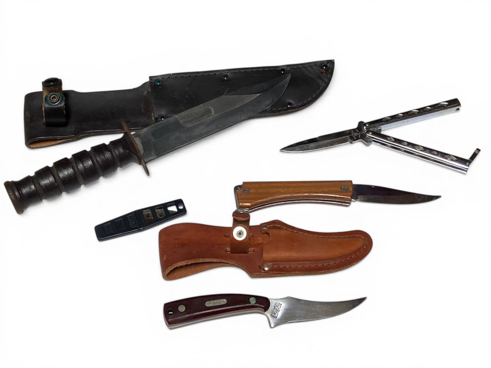 (5) Various Knives: Frost Cutlery butterfly knife stainless steel, Old Timer fixed blade with sheathe, Cumosa folding knife, US Camillus Ka-Bar styled knife with sheathe, and Tekna Ultra Edge fixed blade knife