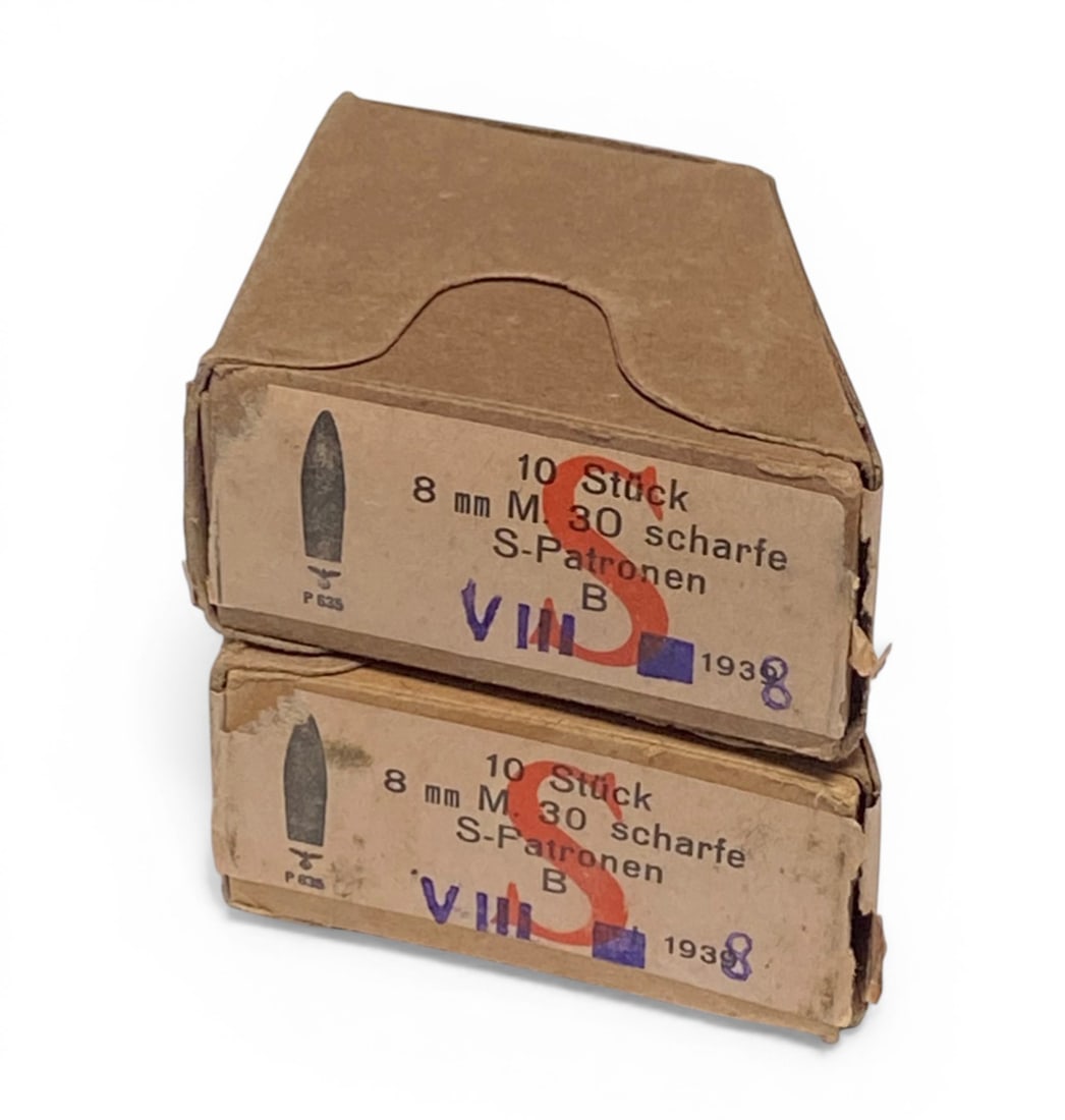 (2) Boxes German WWII Nazi 8x56mmR Steyr M30 S-Patronen 8x56r Ammo - Austrian M95: Manufactured in 1939 by occupied Austria. They have the correct headstamps and markings including their waffenamts and clips. Ammunition and boxes are in excellent condition. Great shooting or collect