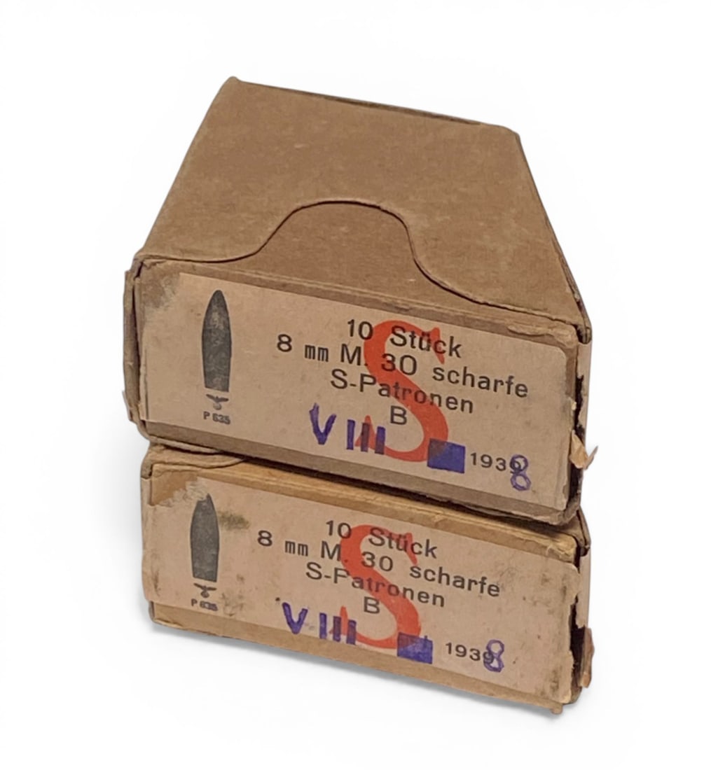 (2) Boxes German WWII Nazi 8x56mmR Steyr M30 S-Patronen 8x56r Ammo - Austrian M95: Manufactured in 1939 by occupied Austria. They have the correct headstamps and markings including their waffenamts and clips. Ammunition and boxes are in excellent condition. Great shooting or collect