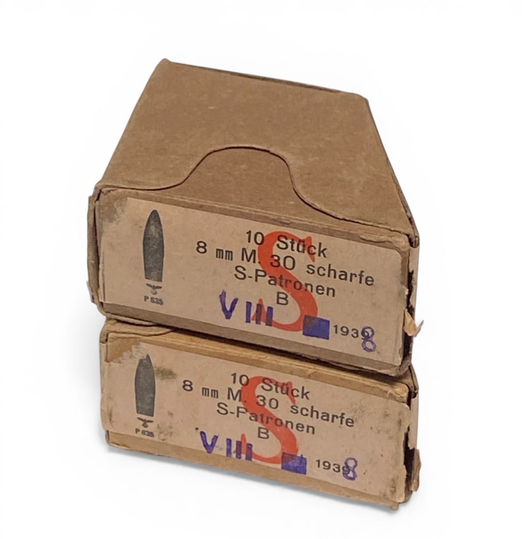 (2) Boxes German WWII Nazi 8x56mmR Steyr M30 S-Patronen 8x56r Ammo - Austrian M95: Manufactured in 1939 by occupied Austria. They have the correct headstamps and markings including their waffenamts and clips. Ammunition and boxes are in excellent condition. Great shooting or collect
