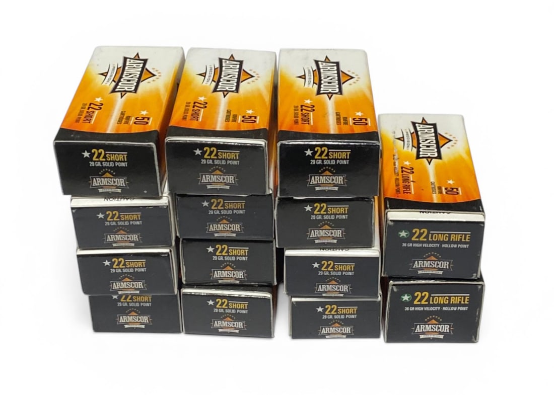 NIB 600rds. Of .22 SHORT and 100rds. Of .22 LR Ammunition: 600rds. Of .22 SHORT 29gr. Solid Point Arms Corp Precision and 100rds. Of .22 LR 36gr. Hi Velocity HP Armscorp Precision 