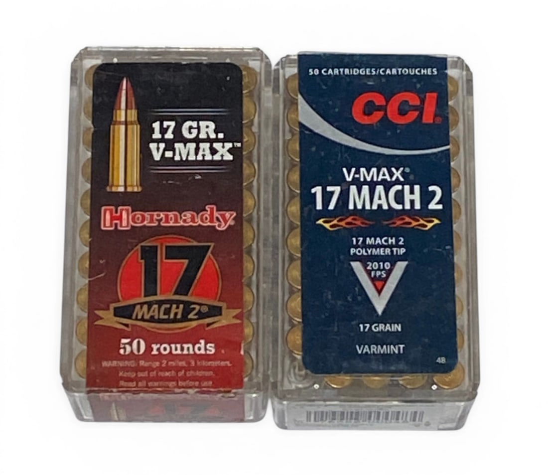 NIB 99rds. Of .17 HMR Ammunition: 49rds. Of .17 MACH 2 VMAX 17gr. And 50rds. Of .17 HMR MACH 2 17gr. Hornady ammunition 
