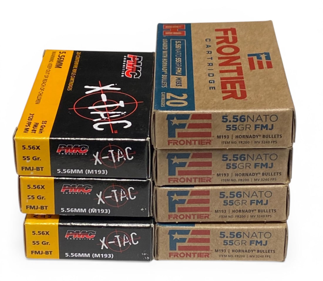 NIB 140rds. Of 5.56 55gr. FMJ Ammunition: 60rds. Of PMC X-TAC 55gr. FMJ- BT and 80rds. Of Frontier 55gr. FMJ ammunition 