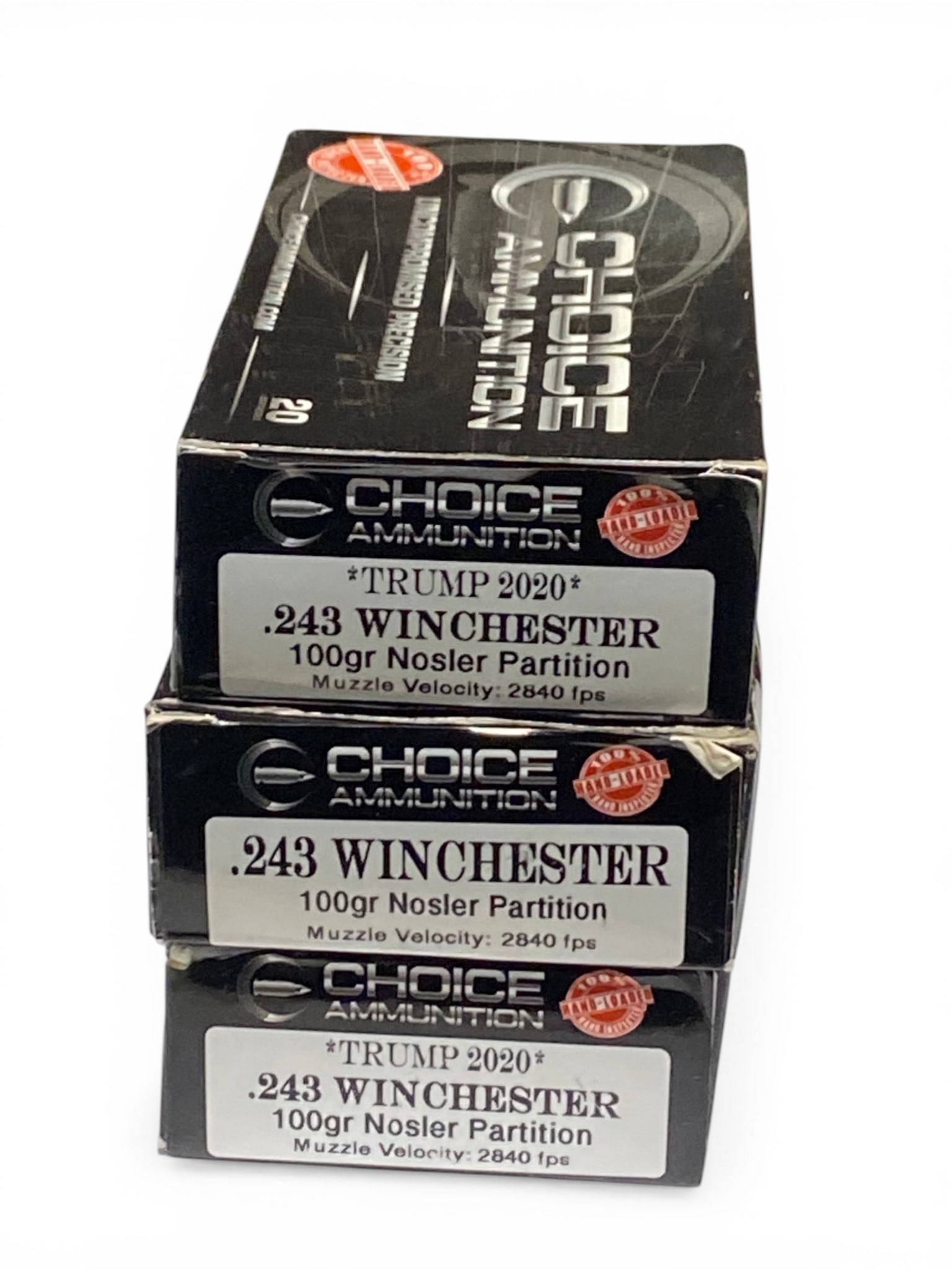 NIB 60rds. Of .243 WIN. 100gr. Nosler Partition Choice Ammunition: (2) boxes are Trump 2020 Edition 