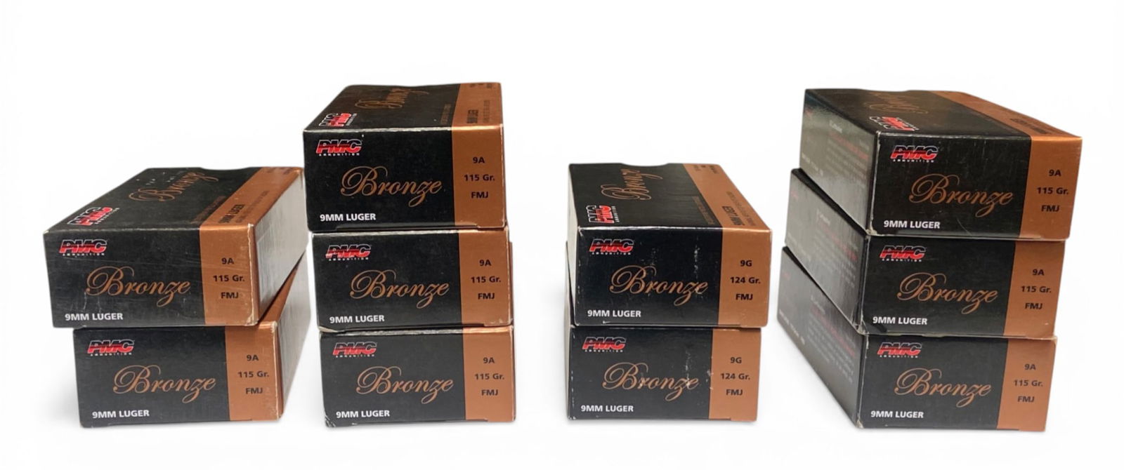 NIB 500rds. Of 9mm FMJ Ammunition: 400rds. Of 115gr. FMJ PMC Bronze, 100rds. Of 124gr. FMJ PMC Bronze, 