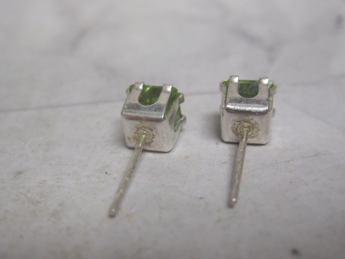 Sterling Silver Square-cut Peridot Stud Earrings - 2