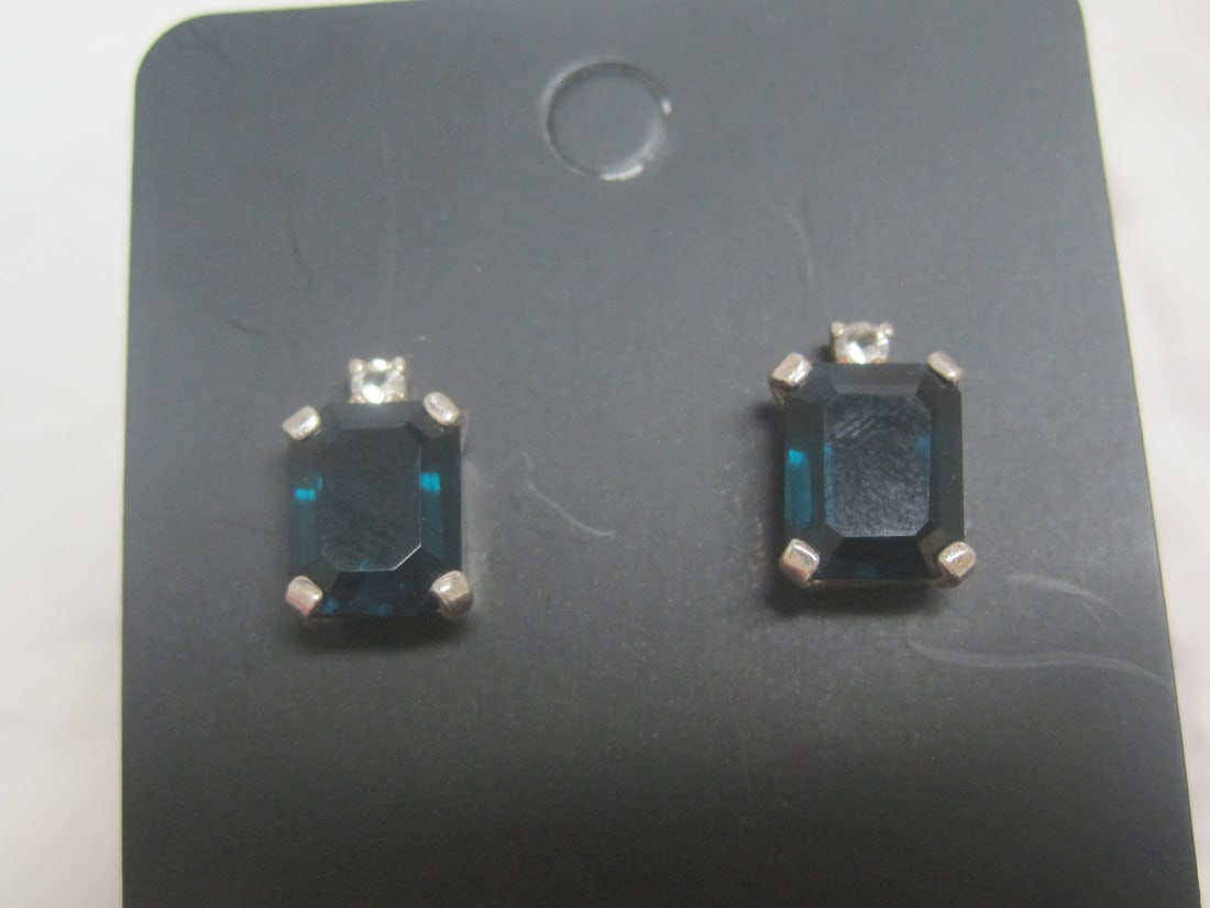 Sterling Silver Pierced Emerald Cut Blue Stones with CZ stones: . 
