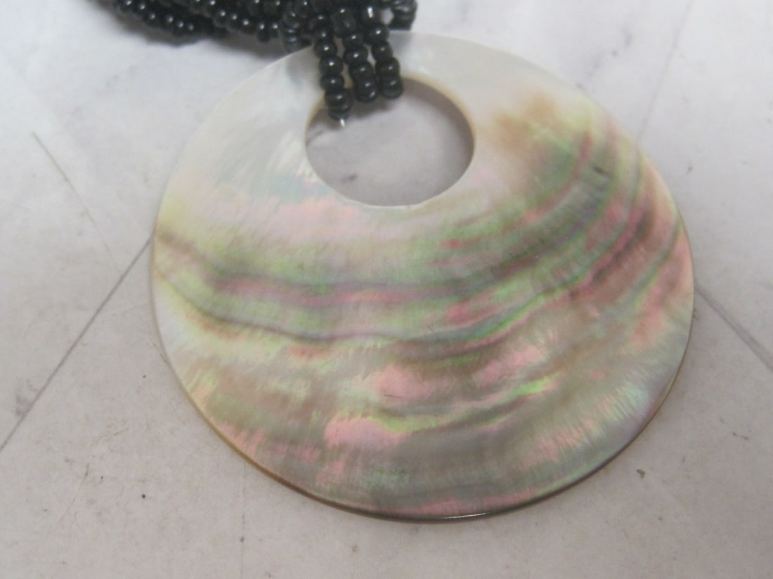 Multi-Strand Beaded Necklace with Mother of Pearl Disc Pendant - 2