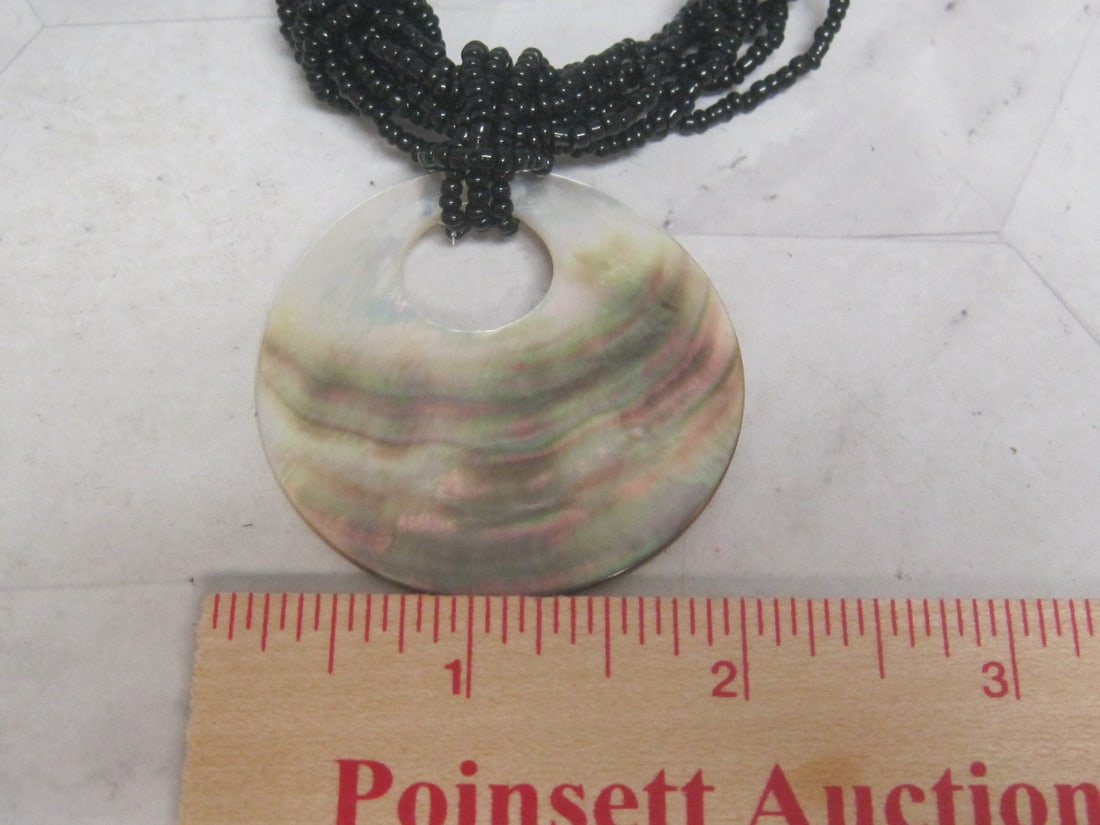 Multi-Strand Beaded Necklace with Mother of Pearl Disc Pendant - 4