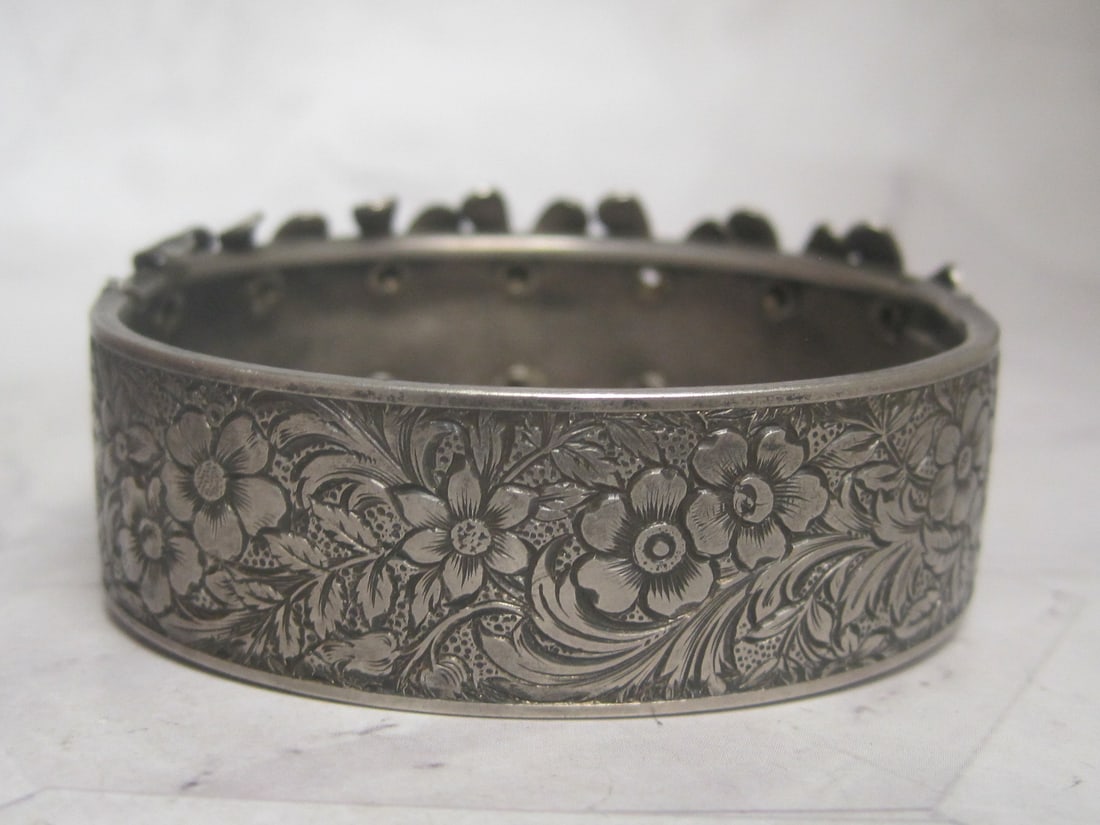 Vintage Hinged Etched Cuff Bracelet with Blue Stones - 2