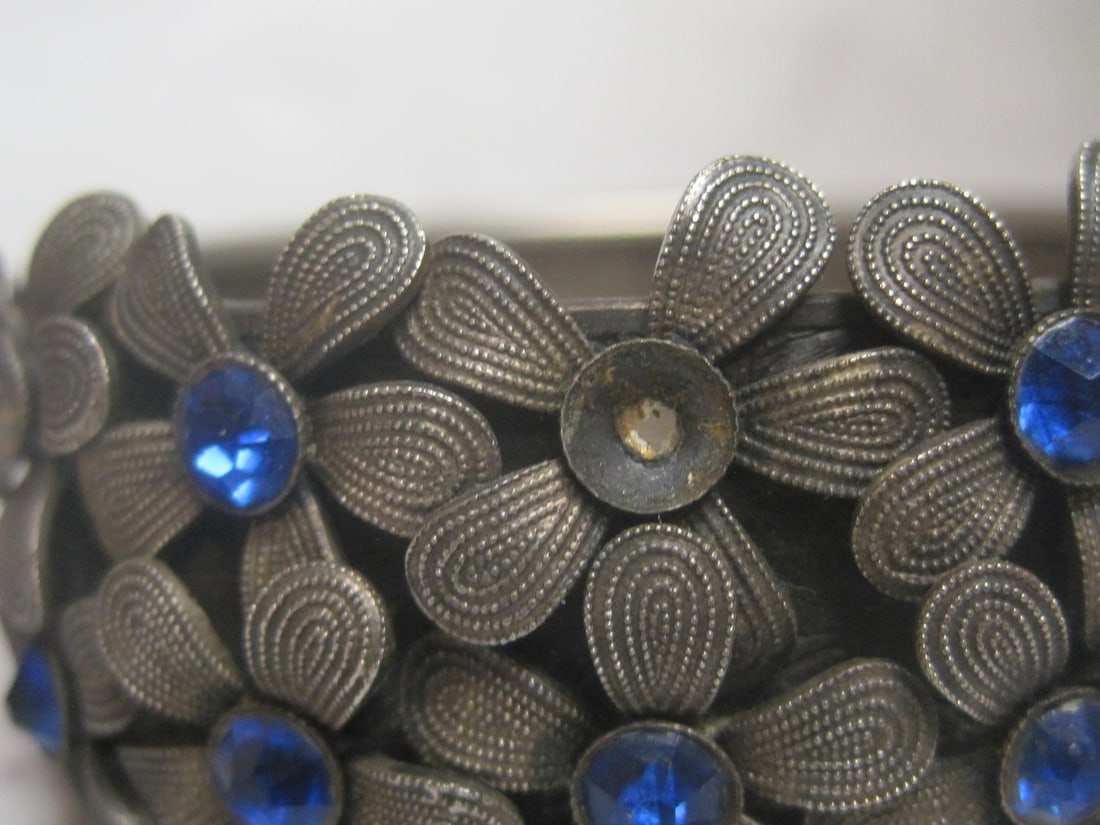 Vintage Hinged Etched Cuff Bracelet with Blue Stones - 4