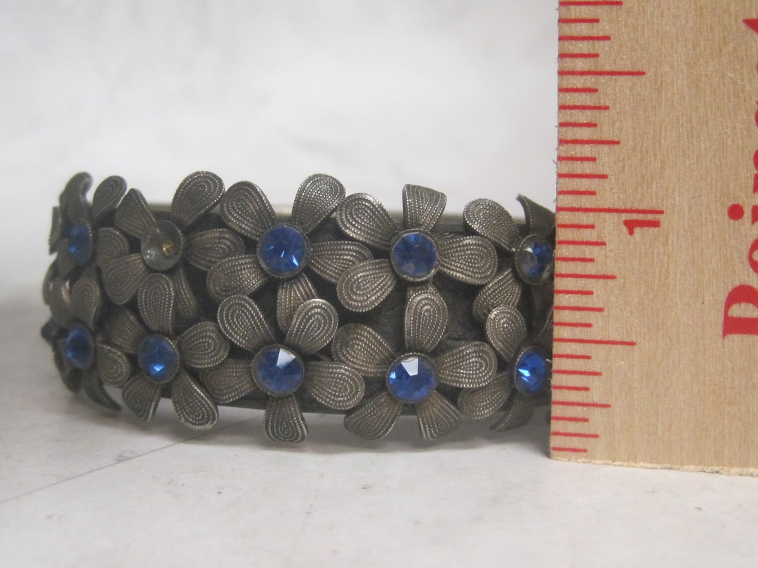 Vintage Hinged Etched Cuff Bracelet with Blue Stones - 5