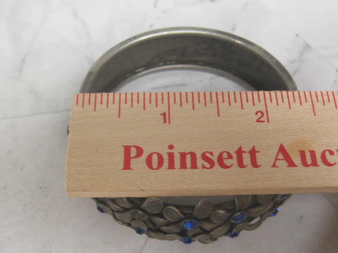 Vintage Hinged Etched Cuff Bracelet with Blue Stones - 6