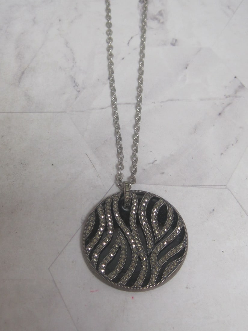 Sterling Silver Onyx & Marcasite Pendant on 18" Sterling Silver Chain: .