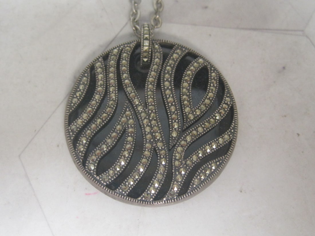 Sterling Silver Onyx & Marcasite Pendant on 18" Sterling Silver Chain - 2
