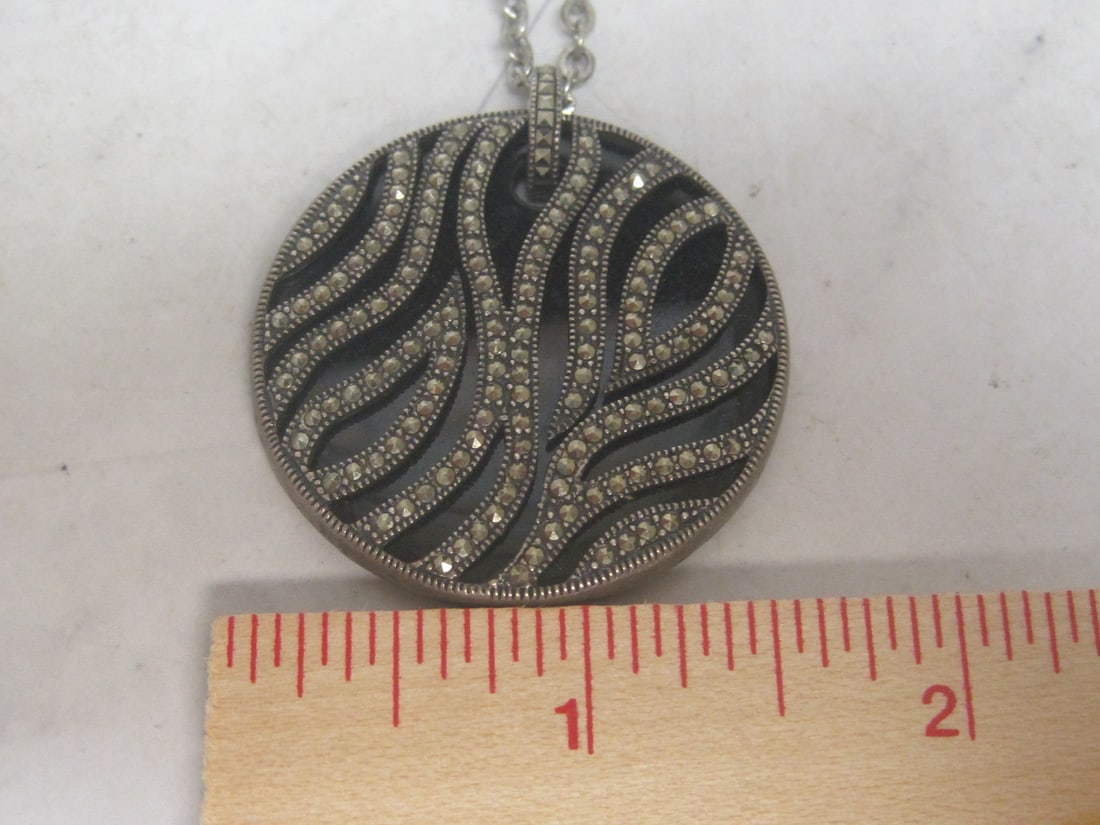 Sterling Silver Onyx & Marcasite Pendant on 18" Sterling Silver Chain - 5