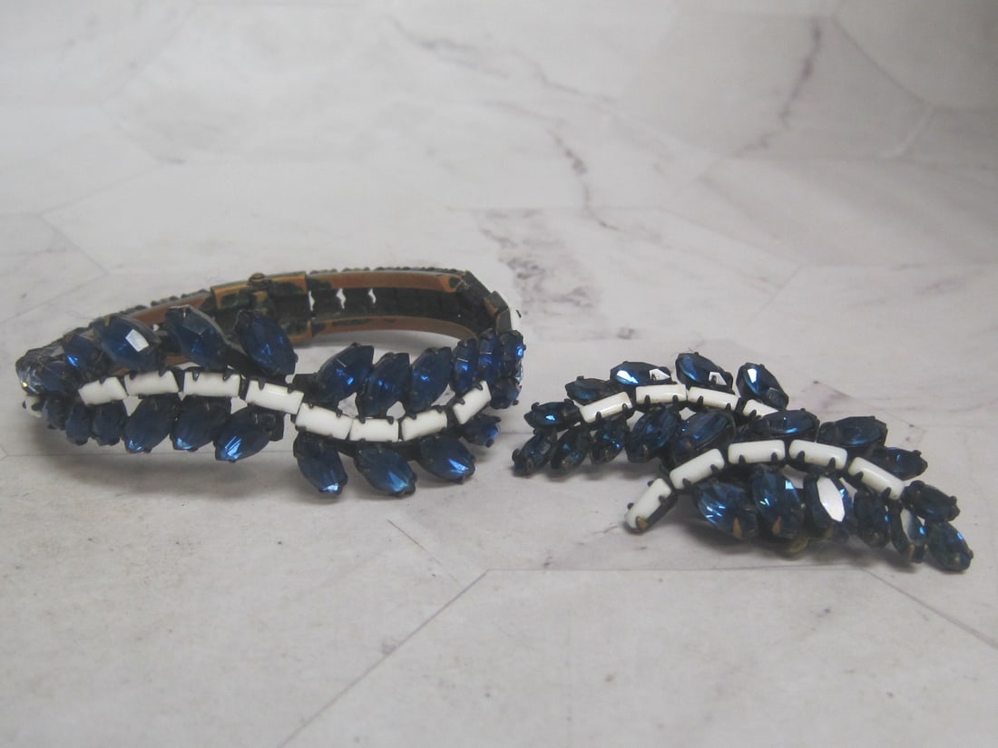 Vintage Hinged Cuff Bracelet & Clip Earrings Set: Not signed