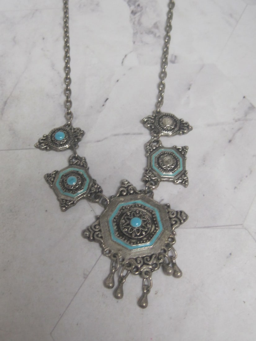 Silvertone Necklace with Turquoise Look Stones: Marked 18k GP, Missing 2 stones