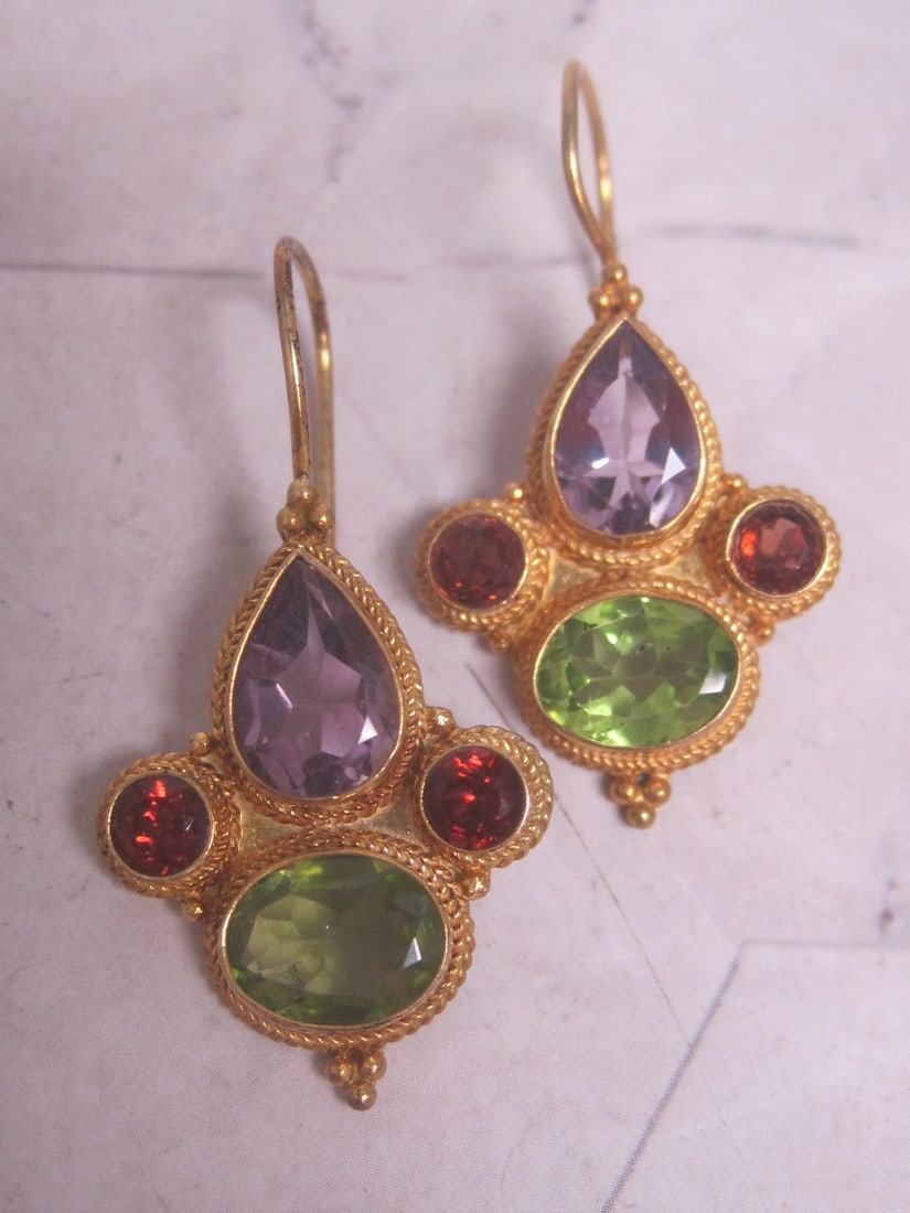 Sterling Silver Vermeil Gemstone Earrings: Weighs 6.8 grams. Amethyst, Peridot, & Garnet. 