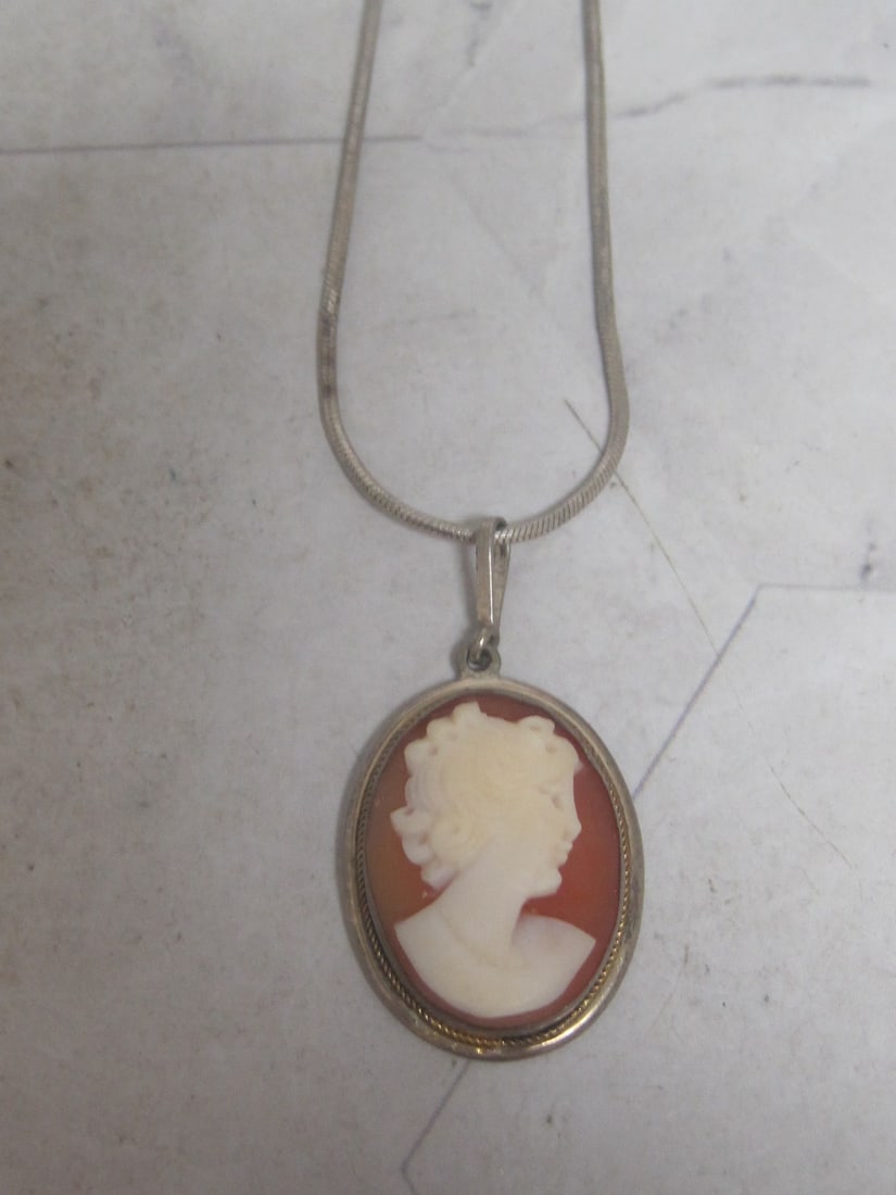 Vintage Cameo Pendant on 18" Sterling Silver Chain: .