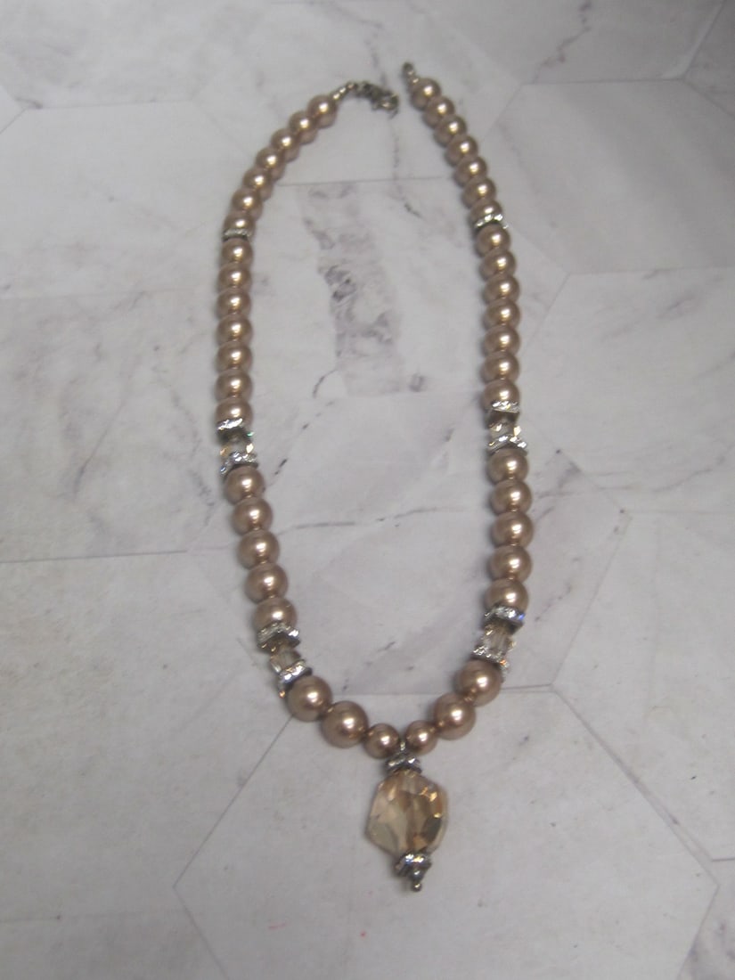 Faux Pearl Necklace with Crystal Pen & Spacers: With sterling silver clasp- clasp needs repair