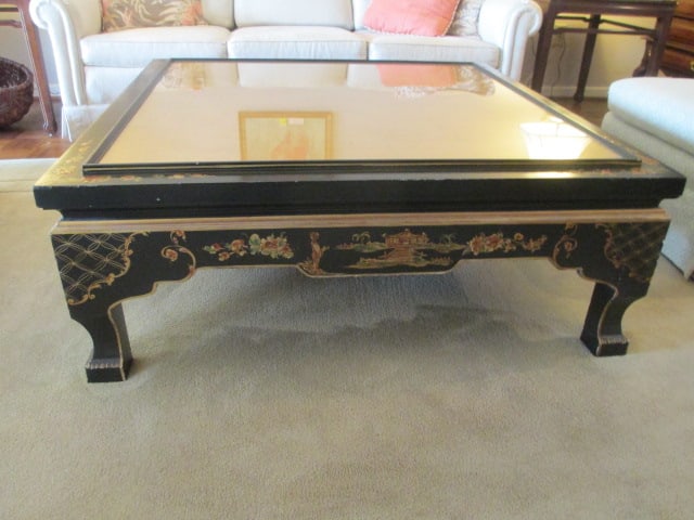 Handpainted Ebonized Italian Chinoiserie Style Gilt Glass Top Coffee Table: 45" x 45" x 17 1/4", Heavy! Local Pickup Only