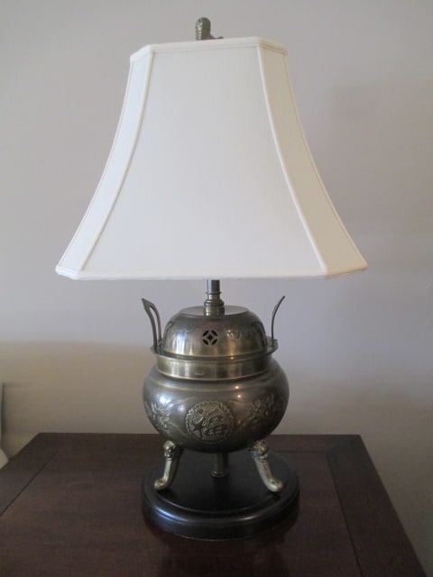 Vintage Brass Chinese Style Incense Burner Table Lamp: Embossed Chinese symbol and dragon designs, 29"h, foo dog brass finial, 3-way switch, Local Pickup Only 