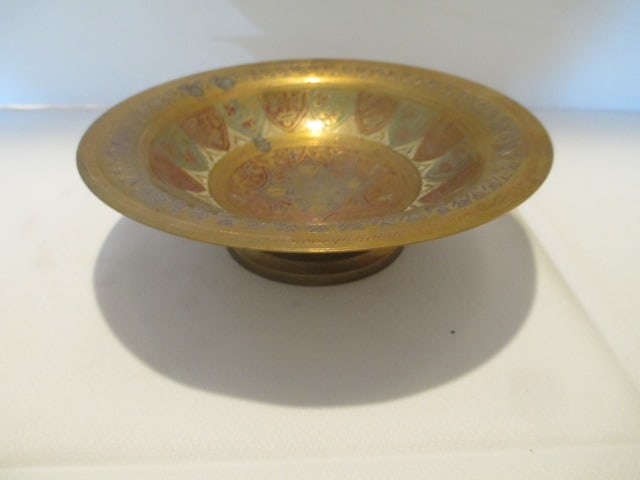 Handpainted Footed Brass Tidbit Dish: 8"dia x 2 1/2"h 