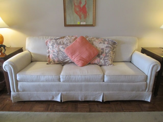 Professionally Tailored Rolled Arm Sofa with Accent Pillows: 84" long, few Tiny spots on seat cushion, Fabric matches Lot 23 and 24 Arm chairs, Local Pickup Only