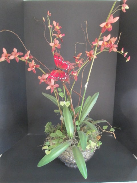 Crystal Centerpiece Bowl with Beautiful Silk Orchid Arrangement: Bowl 8 1/2"dia x 5"h, arrangement approx. 29"h overall, Local Pickup Only