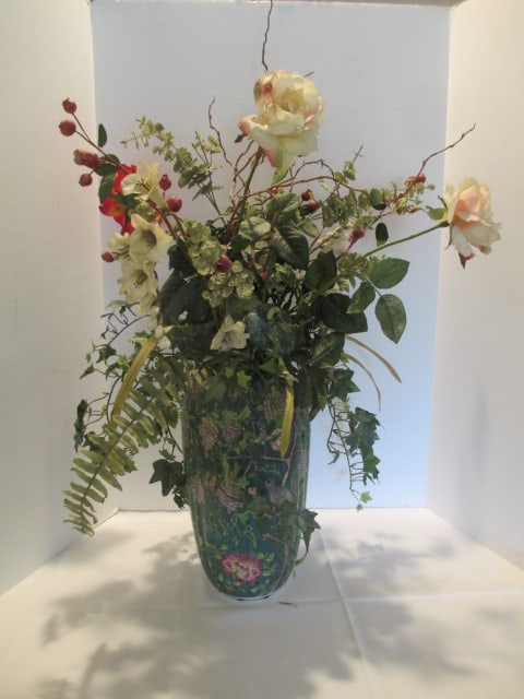 Signed Chinese Bird/Lotus Design Lidded Melon Vase with Silk Floral Arrangement: Vase 15"h, approx. 32"h arrangement overall, Local Pickup Only 