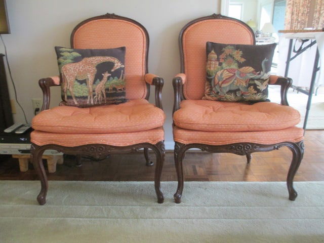 Pair of Louis XV Style Carved Wood Frame Arm Chairs with Tapestry Accent Pillows: 27"w, carved floral designs, cabriole style legs, button tufted seats, few scuffs on feet, Local Pickup Only 
