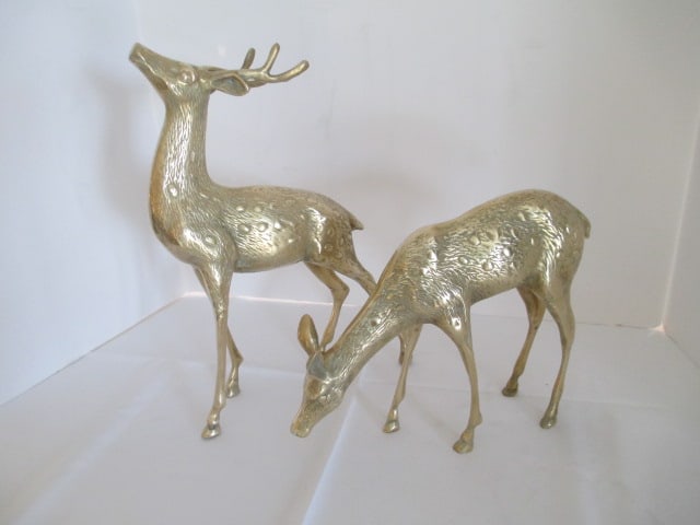 Brass Stag/Buck and Doe Sculptures: Buck 13"h, Doe 8 1/2"h 