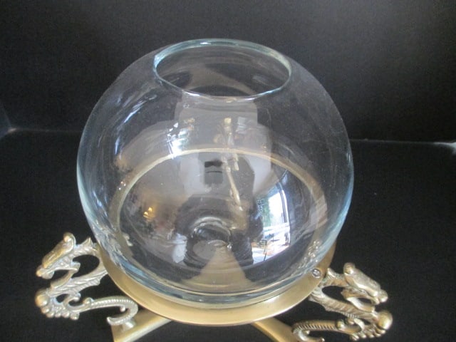 Hand Blown Rose Bowl in Ornate Brass Dragon Tripod Stand - 2