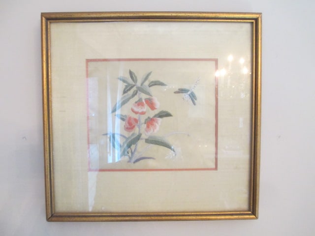 Framed and Matted Chinese Silk Needle Work Dragonfly: 12 1/4" x 11 1/2" 