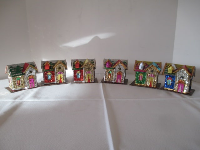 Six Christmas Putz Sequin Trinket/Match Box Houses: 3 1/4"h, one bottom has been taped back on 