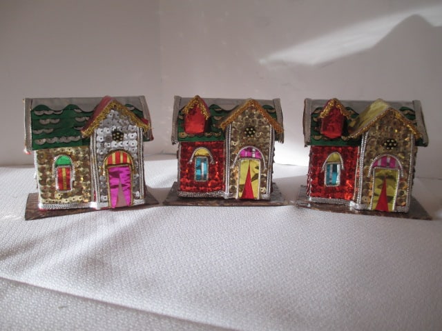 Six Christmas Putz Sequin Trinket/Match Box Houses - 2